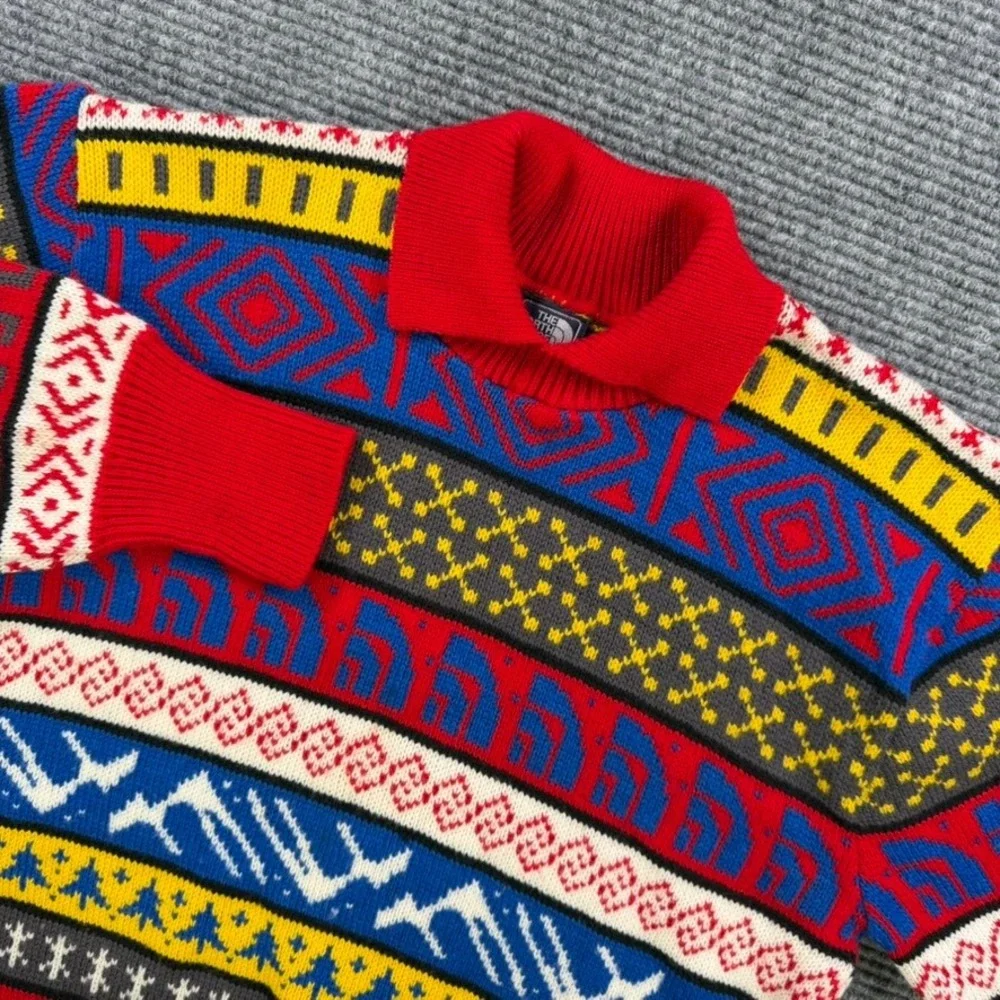 Vintage The North Face Fair Isle Knit Sweater Medium Red Blue Yellow USA Made